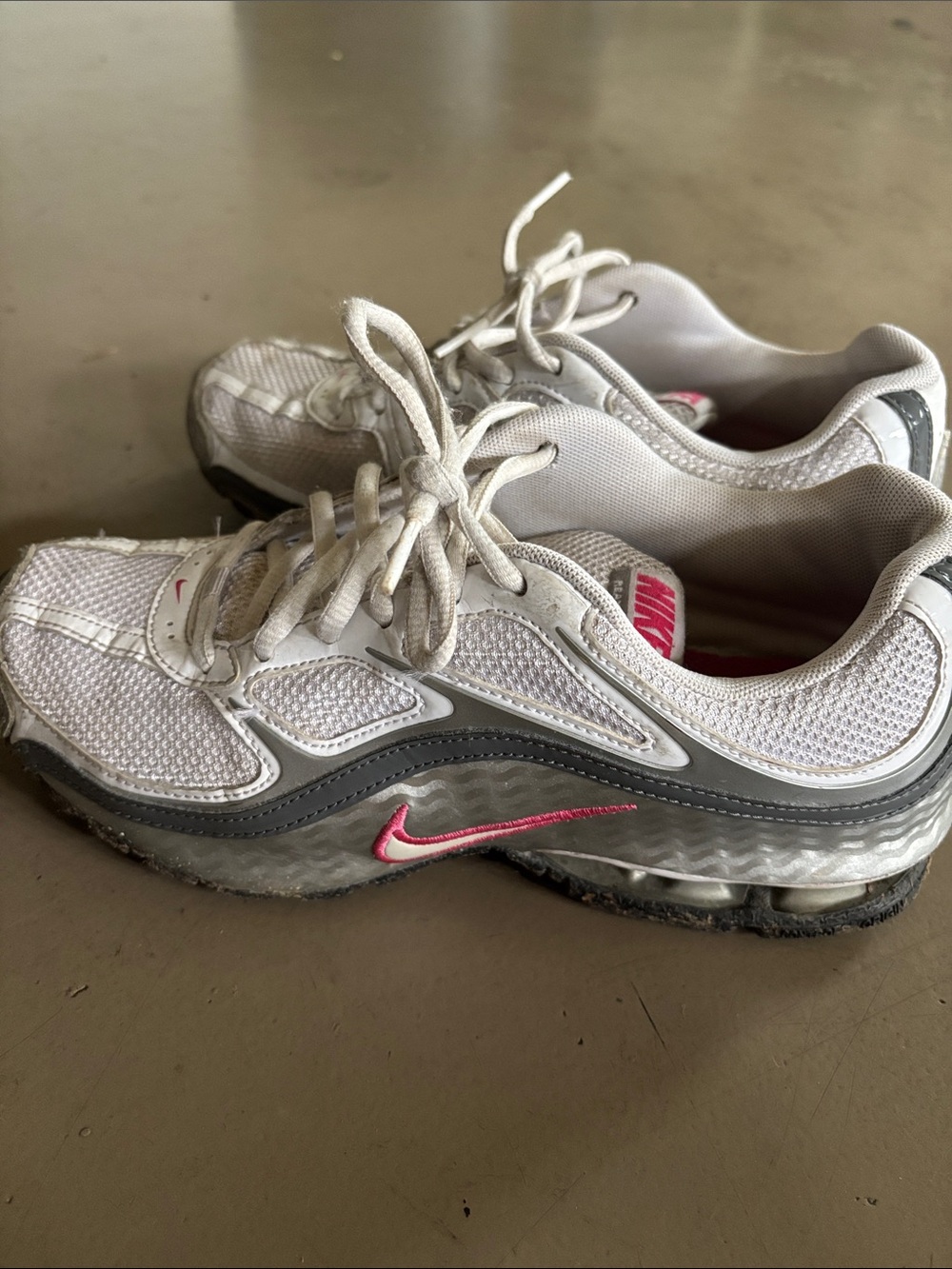 Nike Women's White and Gray Athletic Sneakers with Pink Swoosh